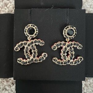 Chanel Black and Gold CC Earrings with Hot Pink
